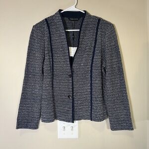 Ming Wang Heritage Fit Cardigan Size PL Navy Blue & White Sweater Coastal NWT